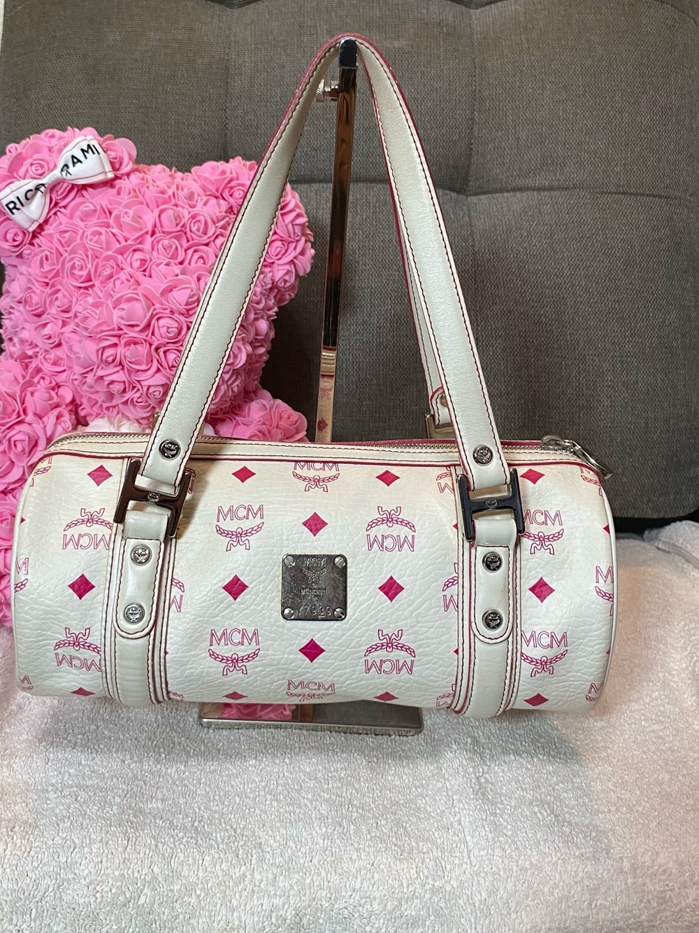 GUC MCM Cream w/ Pink Logo Boston Bag